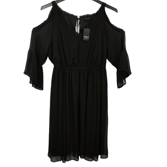 Torrid Chiffon Cold Shoulder Skater Dress Plus Size 1X Black Bell Sleeves NWT - Picture 2 of 11